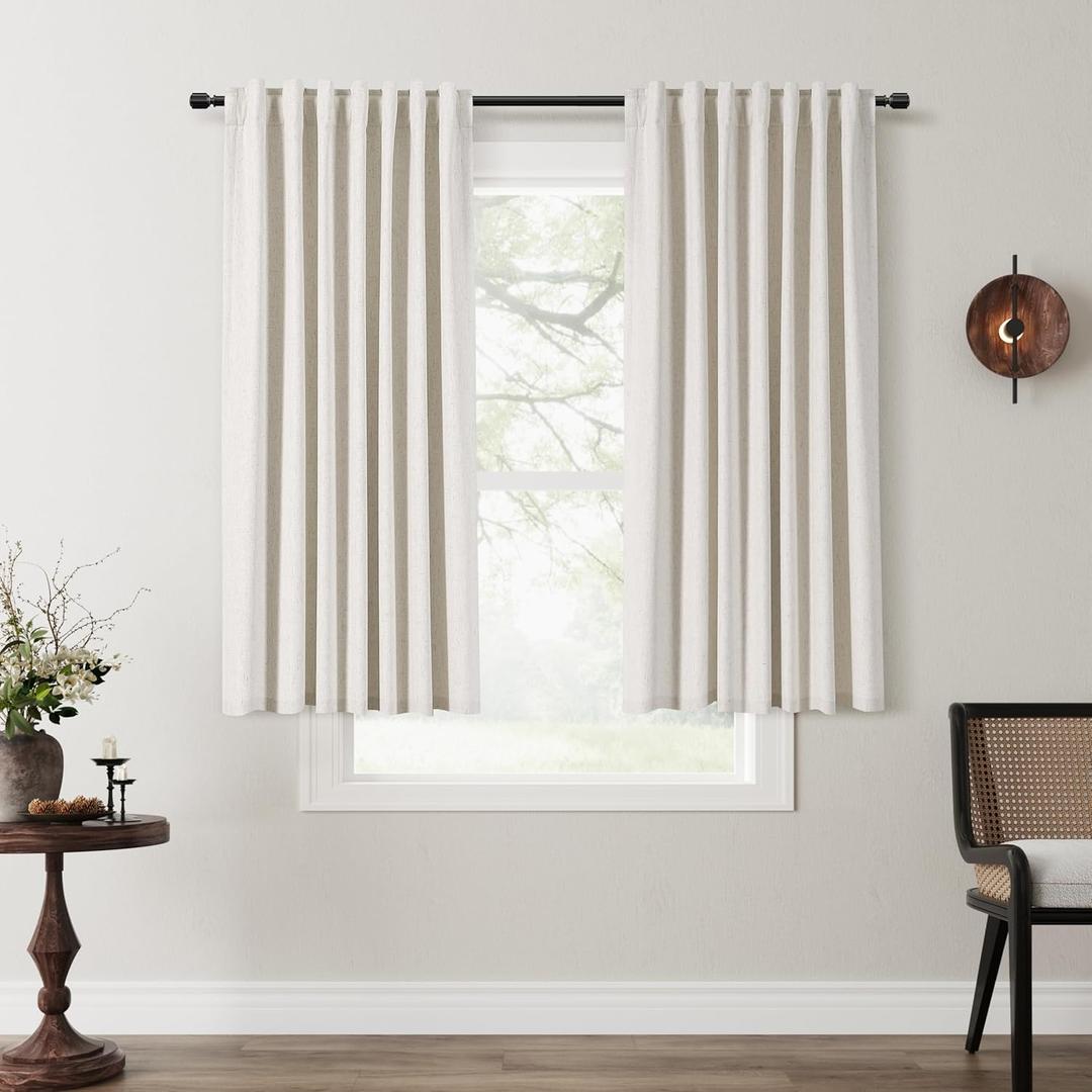 Small Blackout Curtains 45 Inches Long 2 Panels Set Short Linen Sun Blocking Drapes for Kitchen Rustic Farmhouse Textured Burlap Basement Curtains for Small Window Decor Thermal Insulated 52x45 (Natural)