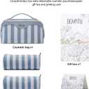 BOYATU Travel Makeup Bag Cosmetic Bag for Women: 3 Pcs Set Striped Make up Bag with Compartments - Waterproof Vegan Leather Toiletry Bags with Handle - Makeup Organizer for Travel Essentials(A-1-Blue)