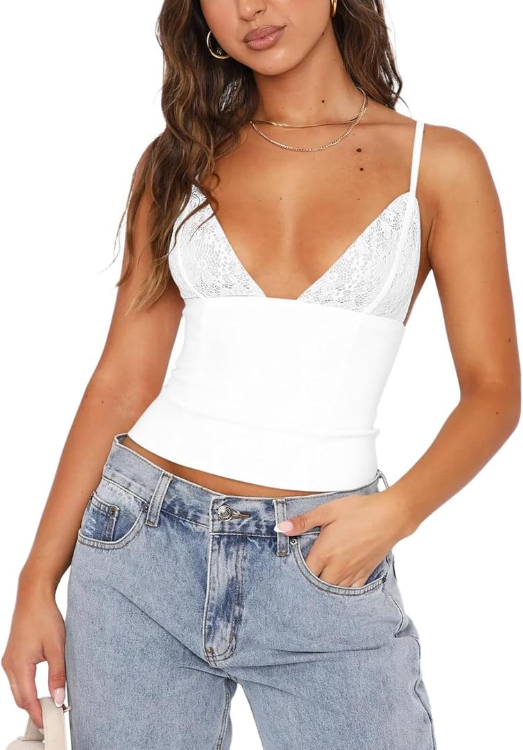 REORIA Lace Tops for Women Sexy V Neck Sleeveless Double Lined Going Out Tank Y2K Fashion Crop Top 2025 Trendy (Medium, White)