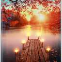 BetyHom Red Maple Sunrise Scenery by the Lake Canvas Wall Art with Lighted Candles LED (15.8x11.8 in)