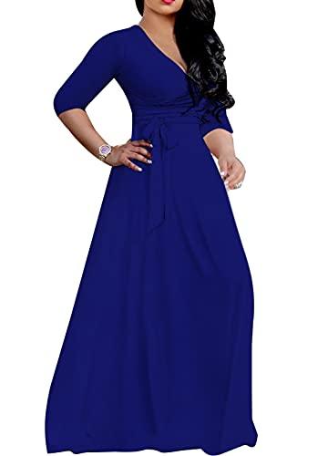 LightlyKiss Plus-Size Maxi Dresses for Women African Summer 3/4 Sleeves Beach Sundress with Pockets Blue, XL
