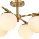 4 Light Semi Flush Mount Ceiling Light Fixture Aged Brass Light Fixture with Globe Milk Glass Shade for Bedroom, Living Room, Dinning Room, Foyer Hallway Corridor Laundry Room Bar