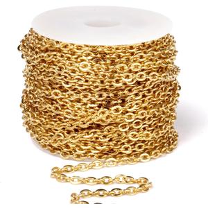 33 Feet 18K Gold PVD Plated Stainless Steel Cable Chain Bulk, 3.5mm 304 Stainless Steel Flat Cable Link Chains Roll Spool for Jewelry Making Necklace DIY Craft