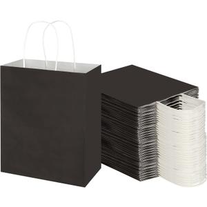 Toovip 100 Pack 8x4.75x10 Inch Medium Black Kraft Paper Bags with Handles Bulk, Gift Wrap Bags for Favor Grocery Retail Party Birthday Shopping Business Goody Craft Merchandise Take Out Sacks