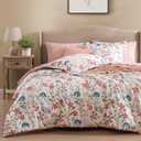 CASAAGUSTO Queen Comforter Set, 7 Pieces Bed in a Bag Queen Clay Pink Floral Comforter Set with Flowers Leaves Pattern, Soft Seersucker Design All Season Queen Size Bedding Set