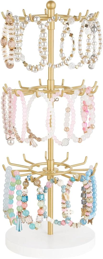 Mkono Bracelet Holder Gold Metal Rotating Bracelet Display Stand 3 Tier Jewelry Tower rack with 36 Hooks and Wood Base Modern Adjustable Storage Organizer Tree for Selling KeyChain Bangle Accessories