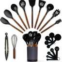 SMIRLY Kitchen Utensils Set  22-Piece Silicone Cooking Utensils Set, Spatula Set with Holder, Wooden Handle Silicone Kitchen Gadgets for Nonstick Cookware (Black)