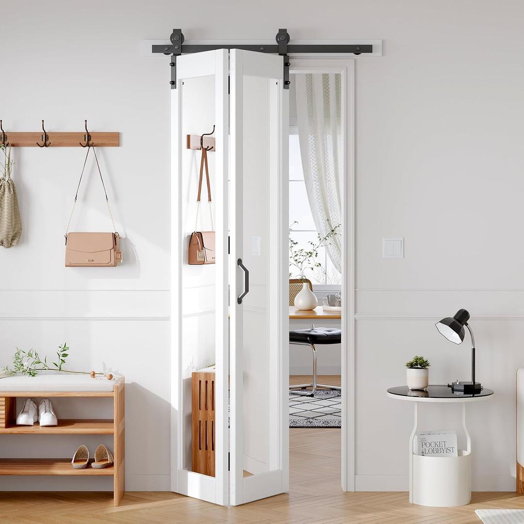 FREDBECK Bifold Barn Door 36x84 (Double 18x84) with 1 Lites Mirror,Bi-fold Closet Doors Hardware Kit Included,40" Track for 2 Doors, PVC, White,for Living Room, Bathrooms, Kicthen