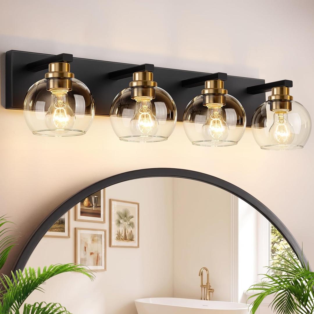 Bathroom Light Fixtures, 4-Light 29 Inch Black and Gold Bathroom Vanity Light, Modern Wall Sconces with Clear Glass Globe Shades, Vanity Lighting Fixtures Over Mirror, E26 Socket (Bulbs Not Included)
