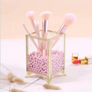 Makeup Brush Holder Vintage Glass Handmade Organizer with Pink Pearls for Nail Brush, Vanity, Bathroom, Dresser, Countertop - Gold
