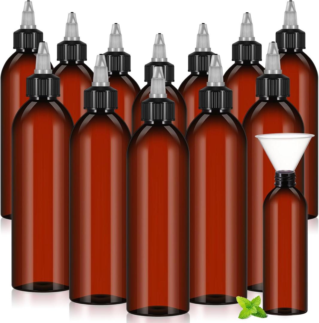 Barydat 12 Pcs Applicator Bottles for Hair, Squeeze Hair Oil Applicator Bottle Refillable Empty Plastic Bottles, Twist on Top Cap with Open Close Nozzle and 2 Funnels(8 oz,Amber)