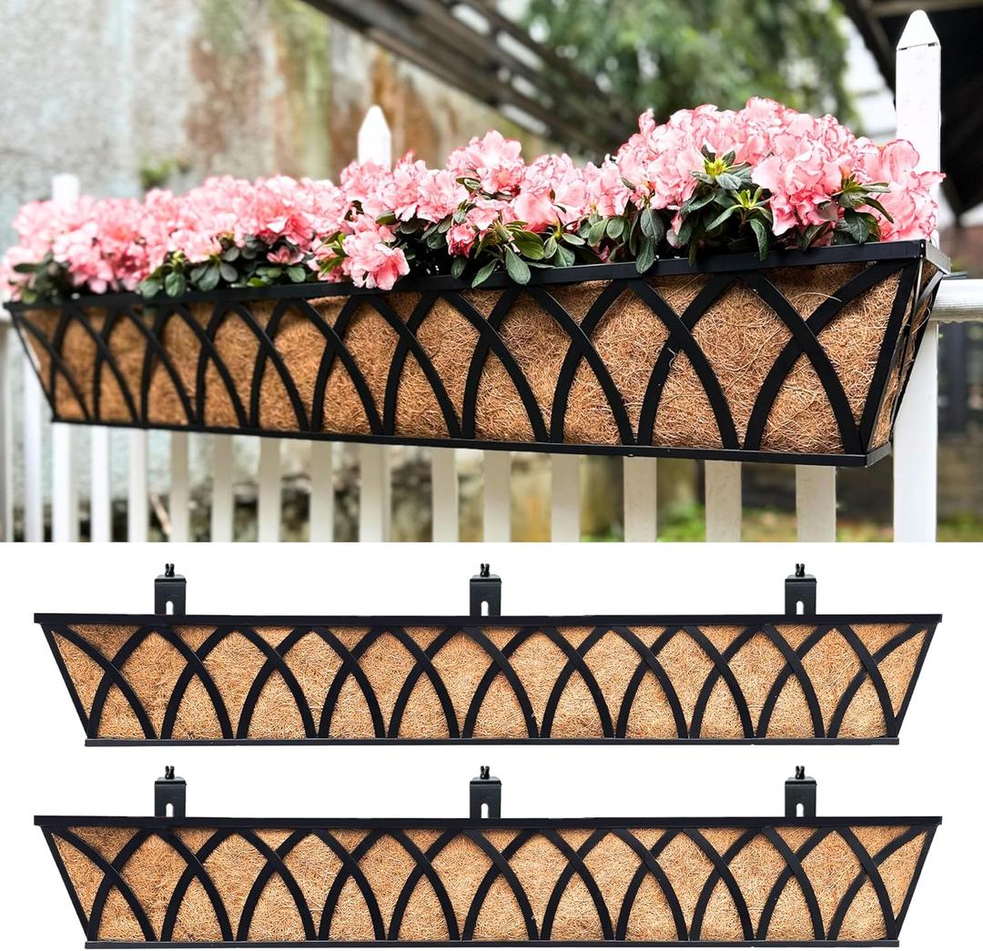 LaLaGreen Deck Railing Planter Outdoor (48 Inch, 2 Pack) Extra Large Metal Wall Hanging Planters with Coco Liner Black Rectangular Window Boxes Plant Bracket Holder Garden Rail Fence Balcony Patio