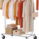 Tajsoon Clothing Rack Heavy Duty Clothes Racks Foldable Garment Rack with Wheels and Extendable Rod, Collapsible Clothing Rack Max Capacity 250lbs, Industrial Rolling Racks with Bottom Shelf, Chrome (Single Rod Commercial)