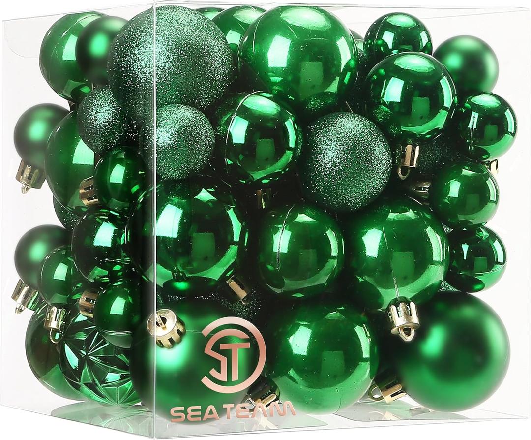 Sea Team 70-Pack Shatterproof Plastic Christmas Ball Ornaments Set, Multi-Size Christmas Baubles, Hanging Decorations for Xmas Tree, Wreath, Garland, (1.18-1.97 Inches, Green)