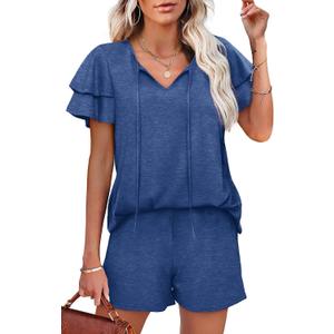 WIHOLL Summer Outfits for Women 2 Piece Short Sleeve V Neck Lounge Sets Casual (Large, 1-blue)