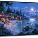 CHATYOUNG Beach Framed Wall Art - Large 24x48 IN Dark Blue Ocean Town Calm Moon Night Scenery Pictures Canvas Print Coastal Wall Paintings for Bedroom Living Room Kitchen Home Office Decor