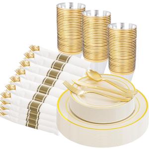 WELLIFE 210PCS Ivory Plastic Plates for 30 Guests - Thanksgiving Plates, Thanksgiving Decorations, Disposable Plate for Party and Wedding