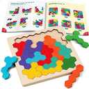 Coogam Wooden Tangram Puzzle, Color Shape Pattern Jigsaw Brain Teasers 3D Logic IQ Game Geometric Blocks Montessori STEM Educational Toys Gift for All Age