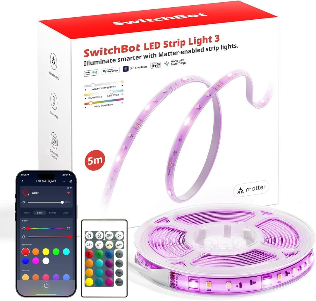 SwitchBot 16.4ft RGB LED Strip Lights for Bedroom, 12V Smart Light Strip with Matter, Works with Apple Home, Alexa, Google Home, Music Sync, Color Changing for Room, Cabinet, Party, Decor
