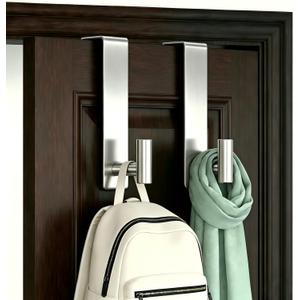 Heavy Duty Rustproof Stainless Steel Over-Door Hook for Coats, Totes, Towels Easy Install Door Hooks with Non-Slip Pads for Bedroom Bathroom Entryway Office (Silver, 2 Pack, Fits 1-3/4" Thick Door)