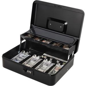 Jssmst Locking Metal Cash Box with Coin Lid, 11.8L x 9.5W x 3.5H Inches, Safe Money Box with Combination Lock, Black