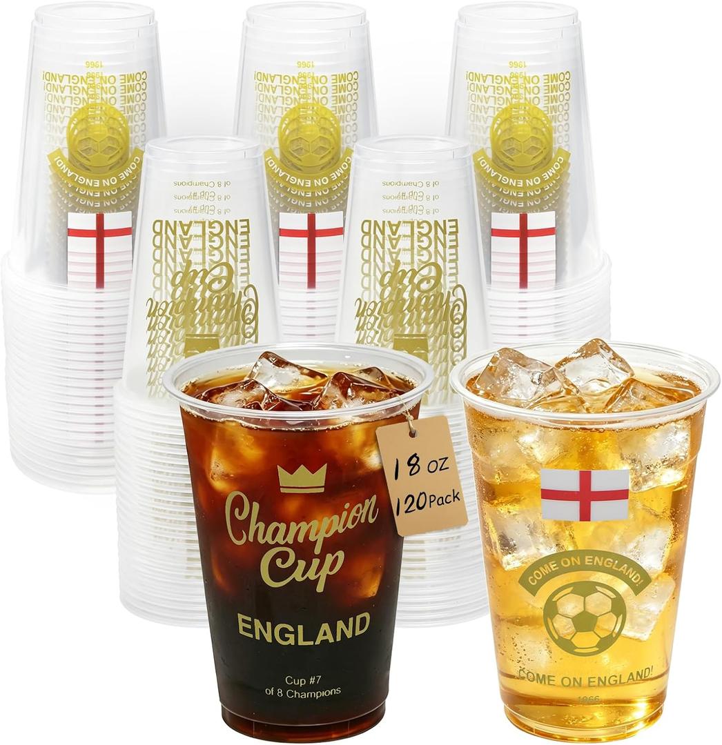 18 oz Champion Cup Salute To England, 1966 World Soccer Champion, 120-Count Disposable Plastic Party Cups, Flag Themed for Restaurant Catering Fan Event Decorations, COME ON ENGLAND 2026