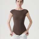 SUUKSESS Women Backless Y2k Short Sleeve Bodysuit Double Lined Boat Neck Open Back Sexy Basic Top (Mocha, M)