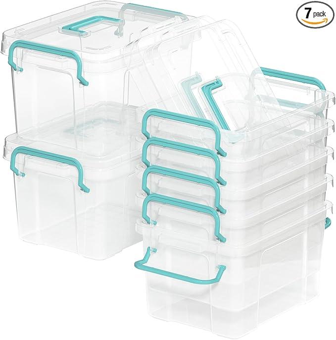 7 Pack Small Storage Bins Plastic Storage Container Stackable Box with Lids,with Handle Clear Plastic Container for Suitable for storing snacks, tools, cosmetics, toys