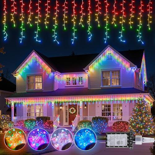 2025 New Upgraded Colorful Twinkling Icicle Lights for Outside - 33 ft 420LED Christmas Lights Outdoor - Waterproof Icicle for House Roof Garden Deck Balcony Porch Pathway Party Holiday Indoor