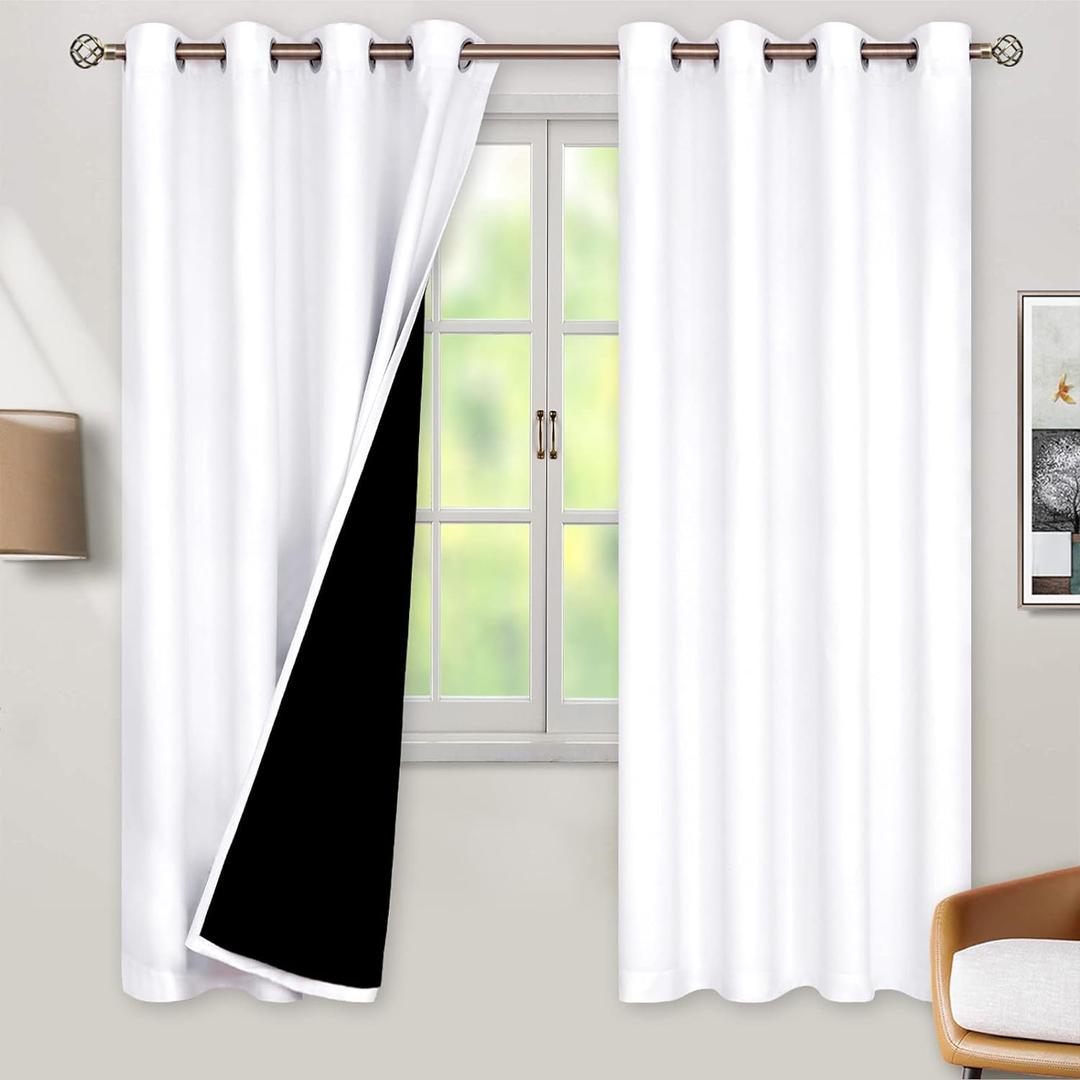 BGment Thermal Insulated 100% Blackout Curtains for Bedroom with Black Liner, Double Layer Full Room Darkening Noise Reducing Grommet Curtain (55 x 69 Inch, White, 2 Panels)