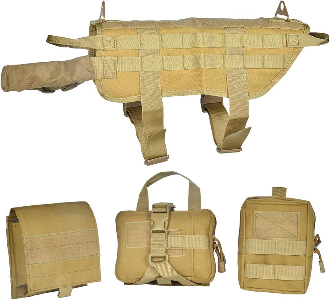 Tactical Dog Harness, Dog Training Vest Harness with Mesh Padding and Two Handles, 1000D Nylon Molle Vest Military Working Dog Molle Vest with Detachable Pouches for Medium Large Dogs (Brown)