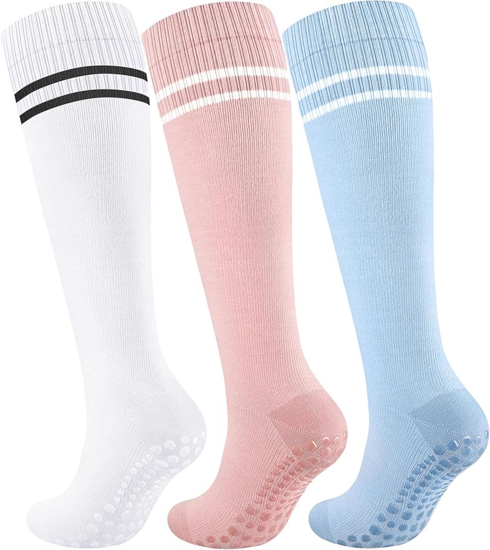 Cotton Compression Socks Women&Men with Grips Non Slip 15-20mmHg Knee High Graduated Sock for Nurse, Pregnancy, Yoga (Small-Medium, 01-3 Pairs-white Pink Blue)
