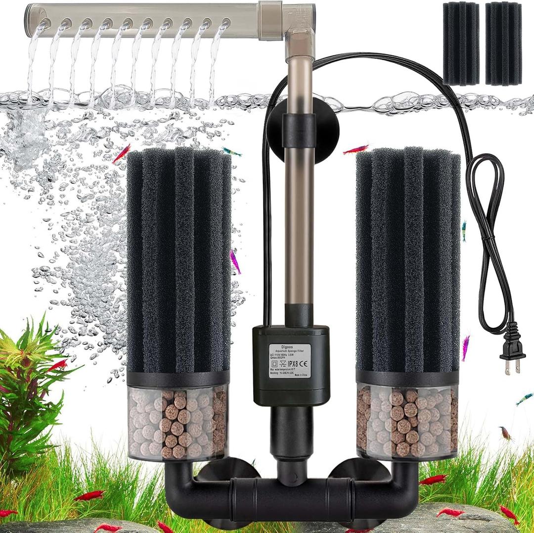 Electric Sponge Filter for Aquarium, Ultra Quiet Submersible Power Filter with Bio Media, Gentle Filtration for Shrimp, Betta,Nano and Fry Tanks (20-75 Gal)