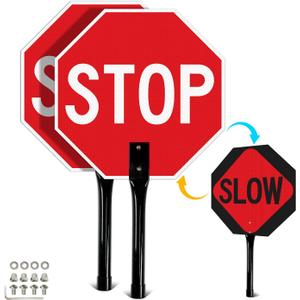 T&R (2 Pack) Stop Slow Sign with Handle, 13 x 13 Inches Double Sided Stop/Slow Traffic Sign, Rust Free Aluminum Reflective, Weather Resistant, Waterproof, Fade Resistant, Easy to Mount.