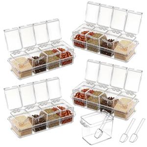 Dimeho 4 Set Acrylic Clear Seasoning Rack Spice Box Condiment Containers Spices Storage Jars Kitchen Countertop Organizer Box with Spoons & Lids for Salt Sugar Pepper Topping