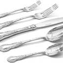 KINGSTONE Vintage Carved Silverware Set, 5-Piece 18/10 Stainless Steel Flatware Cutlery Set with Retro Royal Thick Handle, Tableware Utensils for Home, Restaurant, party, Wedding, Dishwasher Safe