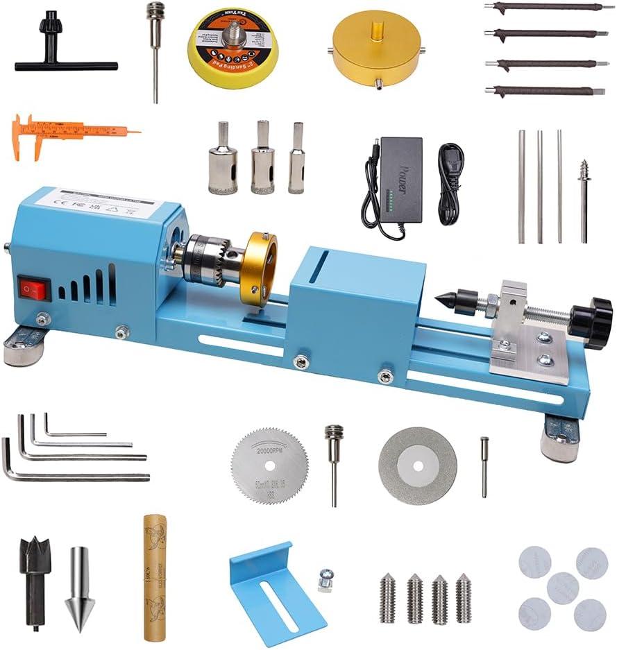 Mini Lathe Wood Lathe Machine Multi-Purpose Type Lathe with Wood Lathe Milling Accessories, for Wood Polishing, Grinding, Cutting and Milling 2.76 in x 6.3 in, 24VDC 96W7 Speeds (Blue)