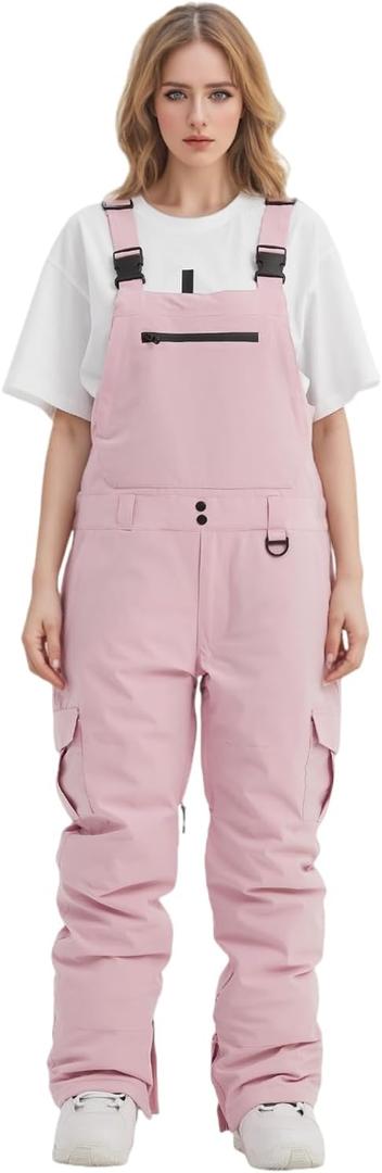 Women Men Snow Ski Bibs Pants Adjustable Windproof Waterproof Jumpsuit Snowboarding Insulated Warm Overall Trouser (Small, Pink)