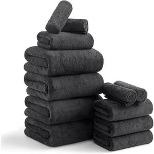 Luxury Bath Towels Set - 12 Piece (4 Large Bath Towels,4 Hand Towels,4 Washcloths), 100% Microfiber,Extra Absorbent Super Soft & Quick Dry,Complete Family Pack for Bathroom Gym Pool,Black