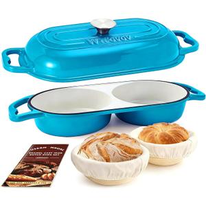 DIY Double Dutch Oven for Sourdough Bread Baking Enamel Cast Iron Bread Baker with Lid, Bake Two Different Loaves at Once, 500F Oven Safe, Includes 25" Banneton Proofing Baskets