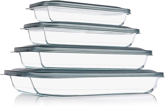 KOMUEE 8 Pieces Glass Baking Dish with Lids Rectangular Glass Baking Pan Bakeware Set with Lids, Baking Pans for Lasagna, Leftovers, Cooking, Kitchen, FridgetoOven, Gray