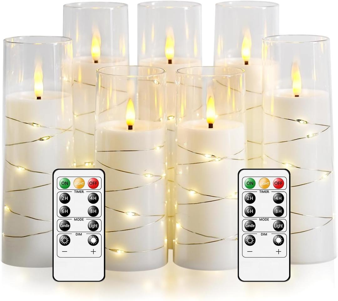 Flameless Candles,with Embedded Star String, Battery Operated Candles Flickering LED Pillar Candles with Remote Control and Timer, Home Decoration Add a Warm and Romantic AtmosphereSet of 7 (White)
