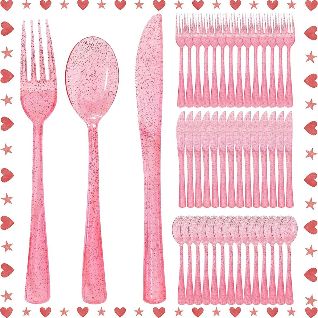 300 Pcs Pink Silverware Set Heavy Duty Pink Plastic Silverware - 100 Forks, 100 Knives, 100 Spoons for Brithday, Wedding, Baby Shower, Bridal Shower