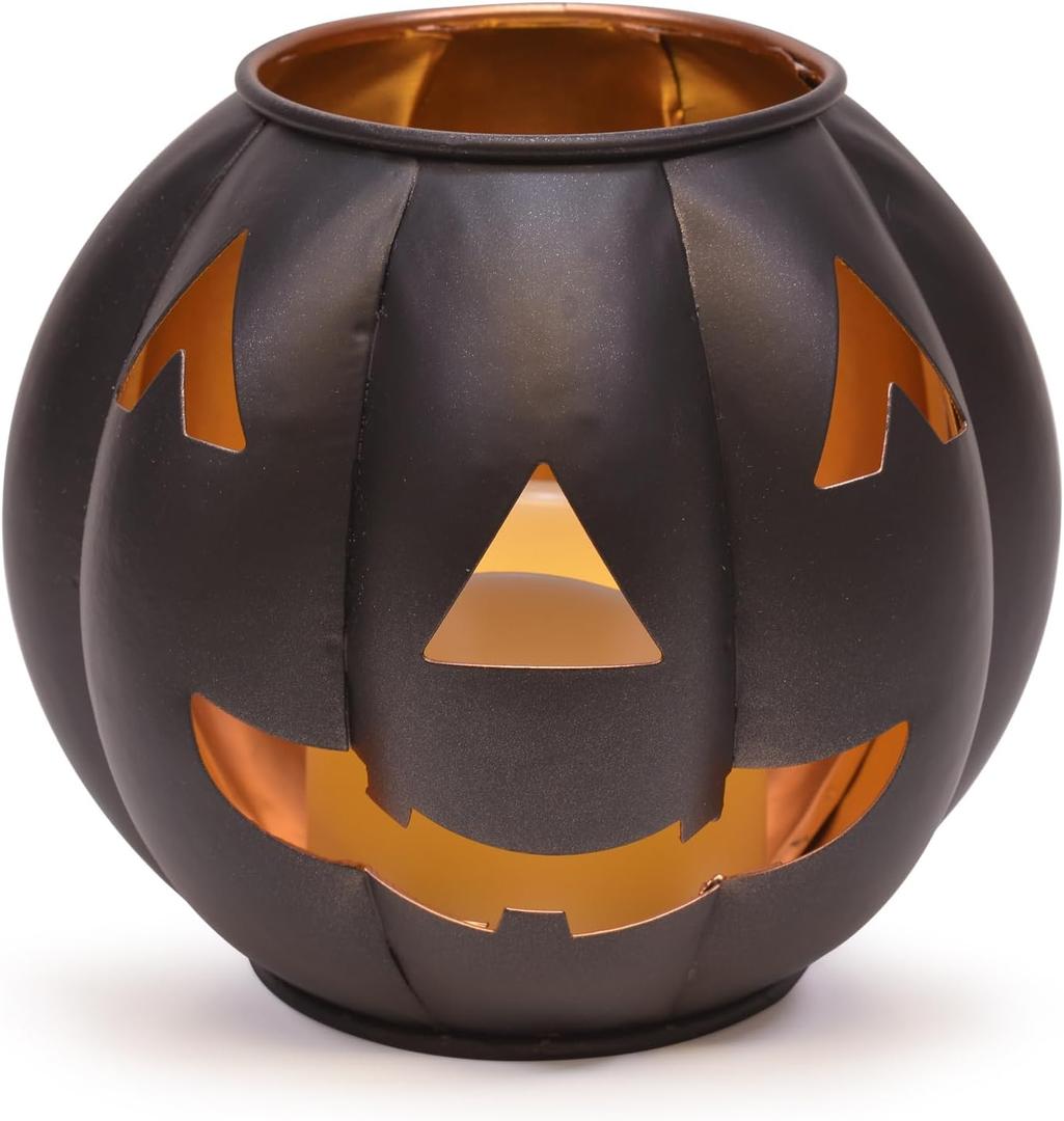 Metal Jack O' Lantern Pumpkin Flamless LED Candle Lantern, 5 Inch, Black with Gold Interior