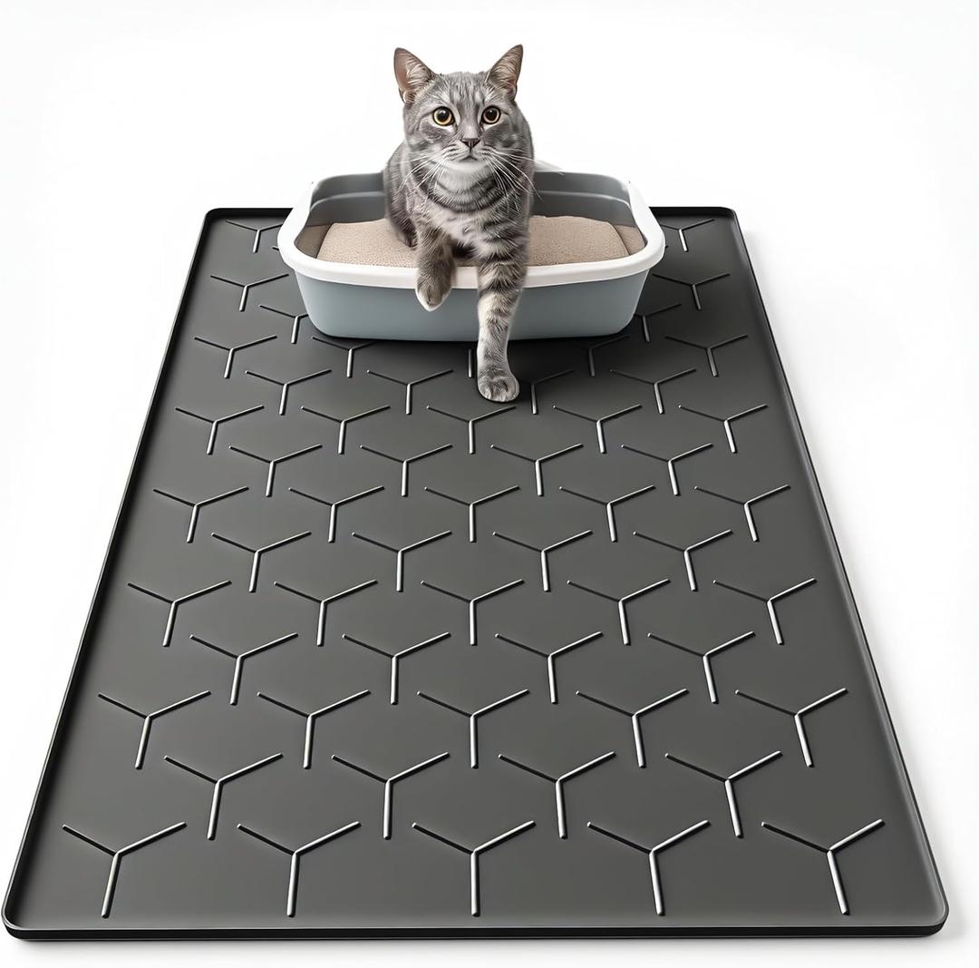 Garoopion Silicone Cat Litter Trapping Mat, Large Waterproof 34" X 22" Cat Litter Box Mat, Easy to Clean, Black