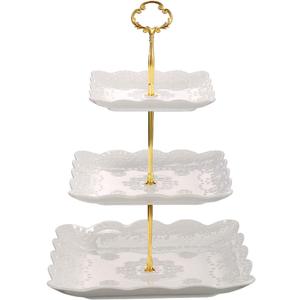 Sumerflos 3 Tier Porcelain Cupcake Stand, Tiered Serving Cake Stand, Square White Embossed Dessert Stand, Weddings Parties Pastry Serving Tray