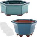 Bonsai Planter 2pc Small Succulent Glazed Pots 4.9" and 6.1" + 6 Soft Mesh Drainage Screens