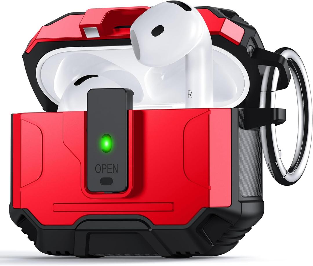 for AirPods 4 Case Cover [Safety Lock] [Magnetic One-Click Open] [Military Shockproof Armor] Double Rugged Outdoor Wireless Charging Case for AirPods 4th Generation with Keychain, Red