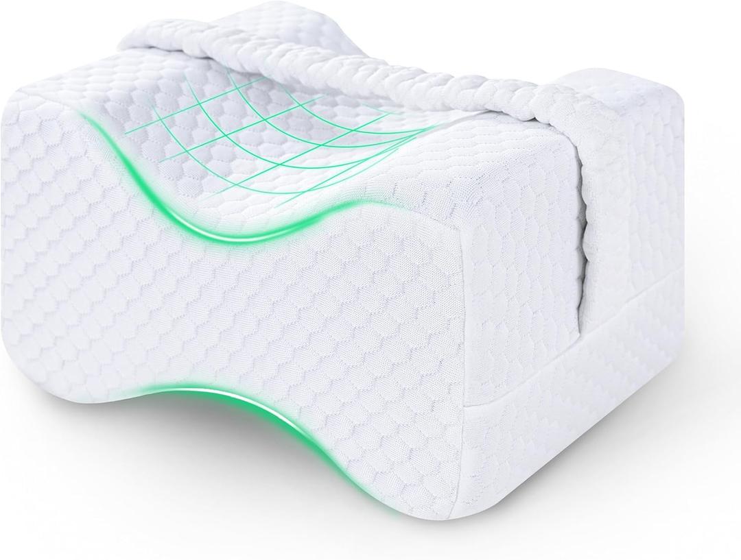 Knee Pillow for Side Sleepers - Between Legs Pillow for Side Sleeping, Back & Sciatica Pain Relief, Joints & Hip, Charcoal Memory Foam Leg Cushion, with Straps & Removable Cover (White) (Standard)