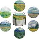 Van Gogh Painting Style Coasters Set of 6 with Holder and Cork Base-4in Absorbent Ceramics Art Coaster for Tabletop Protection Drink Coasters-Coffee Table,Home Decor-Housewarming Gifts for New Home